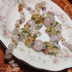 Gemstone Chip Long Necklace And Bracelet Rose Quartz Beads Rondelles Set